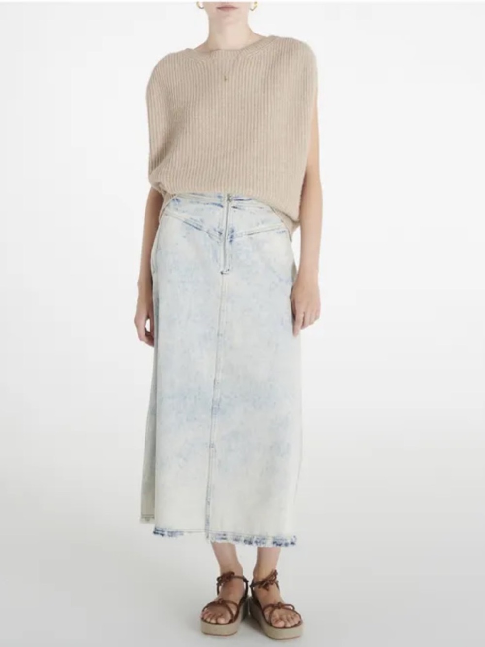 Sea New York Birdie Bleached Acid Wash Light Blue Denim Midi Skirt Sz 6